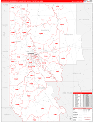 Shreveport-Bossier City Metro Area Wall Map Red Line Style 2024